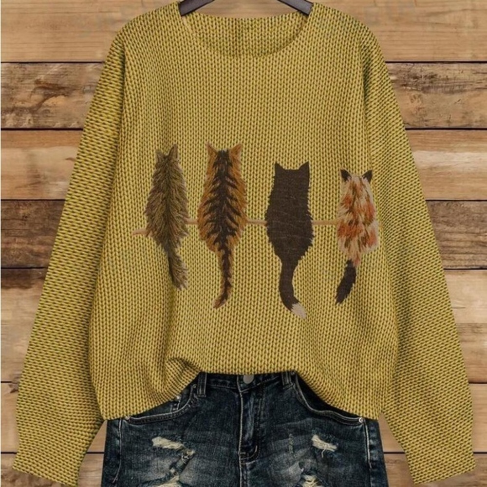 Cat Pattern Round Neck Long Sleeve Casual embroidered Pullover Sweater